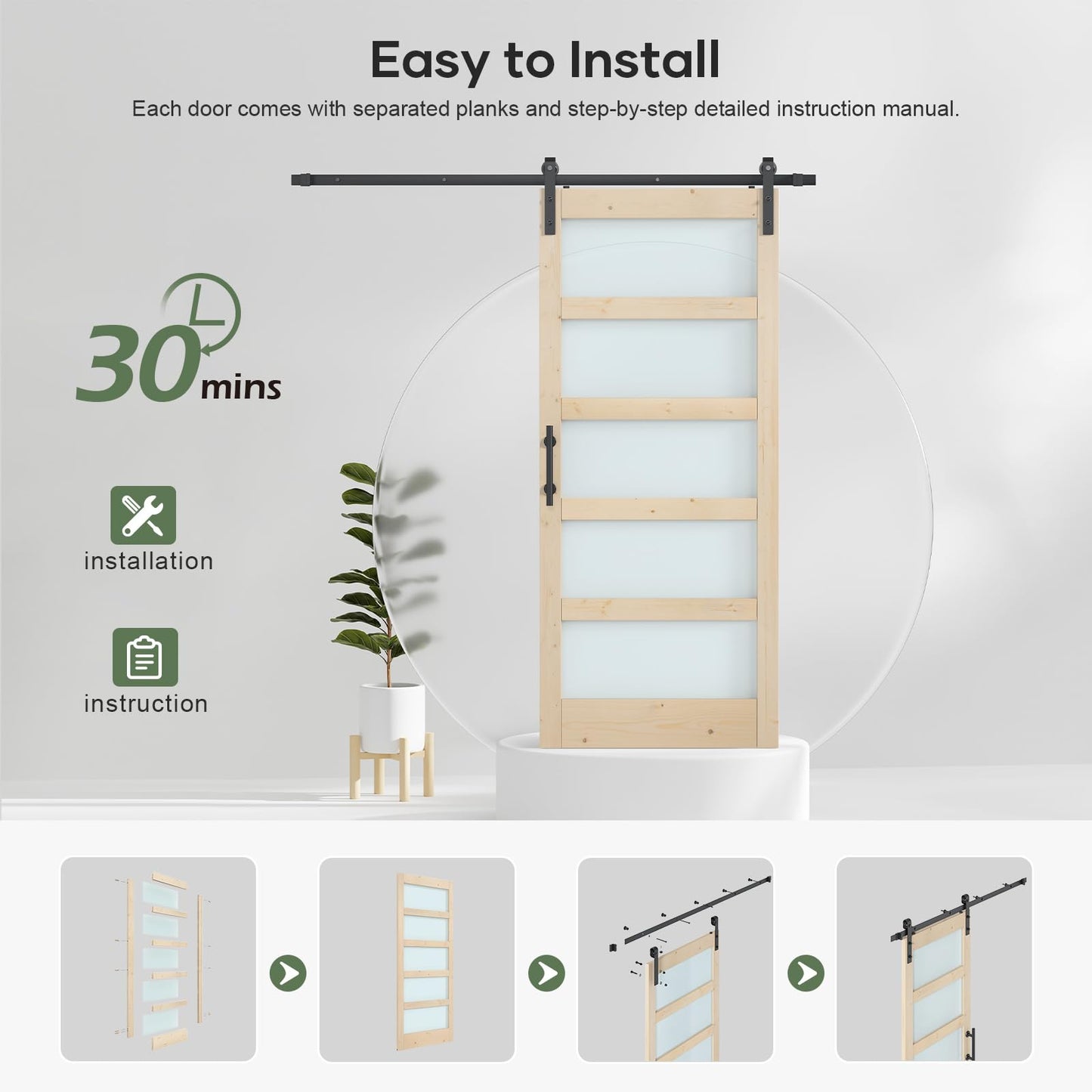 ROYMELO 36x84 inch Glass Sliding Barn Door Slab with 6.6ft Hardware Kit Included, 5-Panel Frosted Glass, Spruce Wood Support DIY Dyeing, Easy Assembly