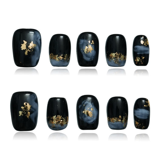 Tesytto Short Coffin Press on Nails - Handmade Black Fake Nails with Blue Ombre Glitter Gold Foil Design, High Gloss Acrylic Nails for Women, Party, Daily Wear (Playful Doodle,M)