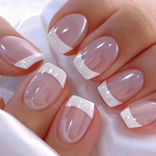 Short Square Press On Nails White French Tip Nude Glossy Fake Nails Sparkly Glitter False Nails Reusable Acrylic Stick On Nails for Women Daily Home Office, 24 Manicure Kit with Adhesive Tabs