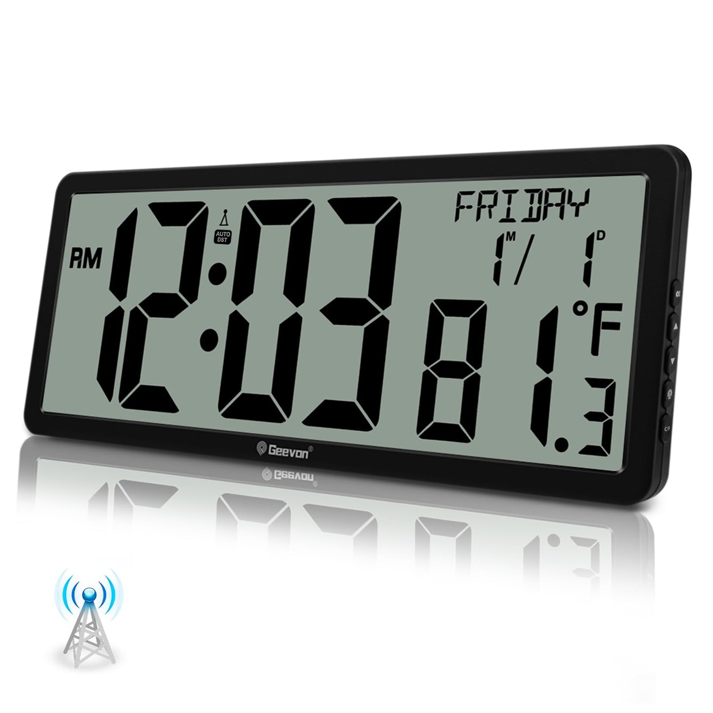 Geevon 14.3" Atomic Clock Battery Operated, Auto-Set Large Atomic Digital Wall Clock with Temperature, DST, Date, 4.4" Jumbo Digits for Home Office Elderly Living Room, Dining Room