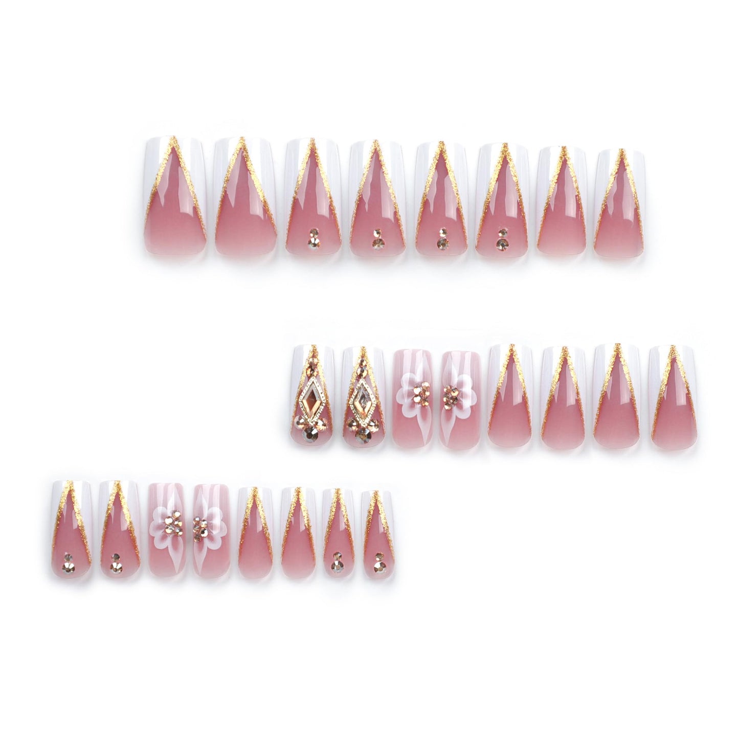 QQPPOLIU Nail Press Ons - French, Nude, Flower & Rhinestone Designs - Long, Medium, Coffin, Square, 3D, Glitter, Fake Nails - 24pcs