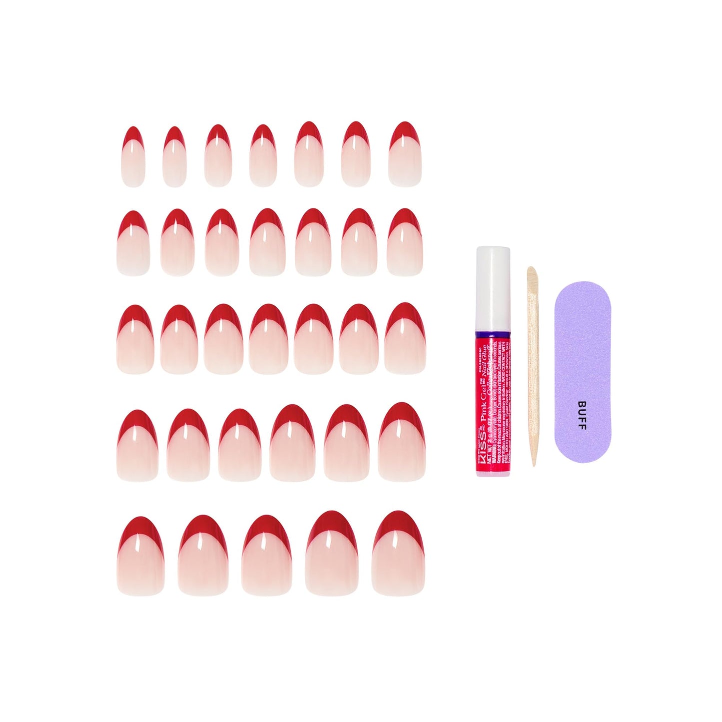 Kiss Core, Press On Nails, Nail glue included, 'Optimistic', Red, Medium Size, Almond Shape, Includes 32 Nails, 2g Glue, 1 Manicure Stick, 1 Mini File