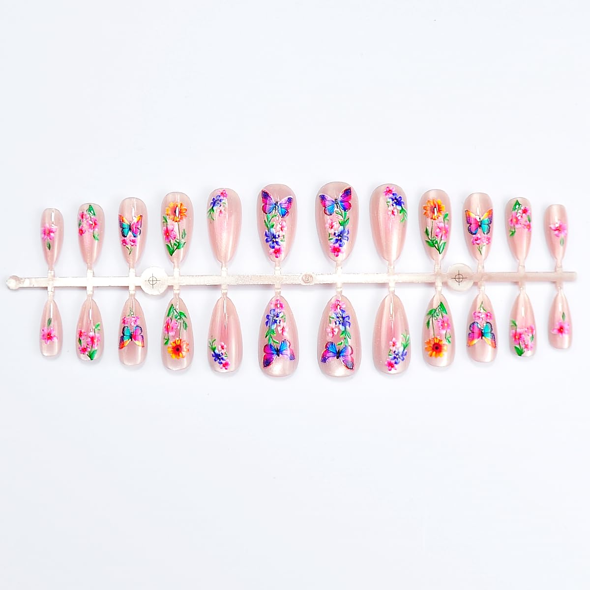 Spring Press on False Nails Pink Cat Eye Glue on Nails Medium Almond Fake Nails with Colorful Butterfly Flower Designs Glossy Press ons Stick on Nail for Women Manicure 24Pcs