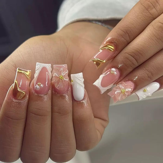 Square Press on Nails Medium - White French Tip Fake Nails with 3D Flower Wave Design- Elegant Full Cover Stick on False Nails for Women - 24 Pcs