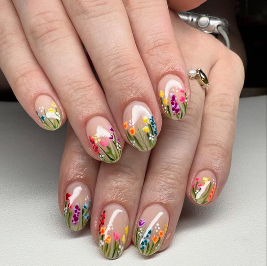 Sunflower French Press on Nails Short Almond Fake Nails Purple Lavender False Nails with Green Flower French Design Glossy Spring Stick on Nails for Women Girls Manicure Decoration 24 pcs