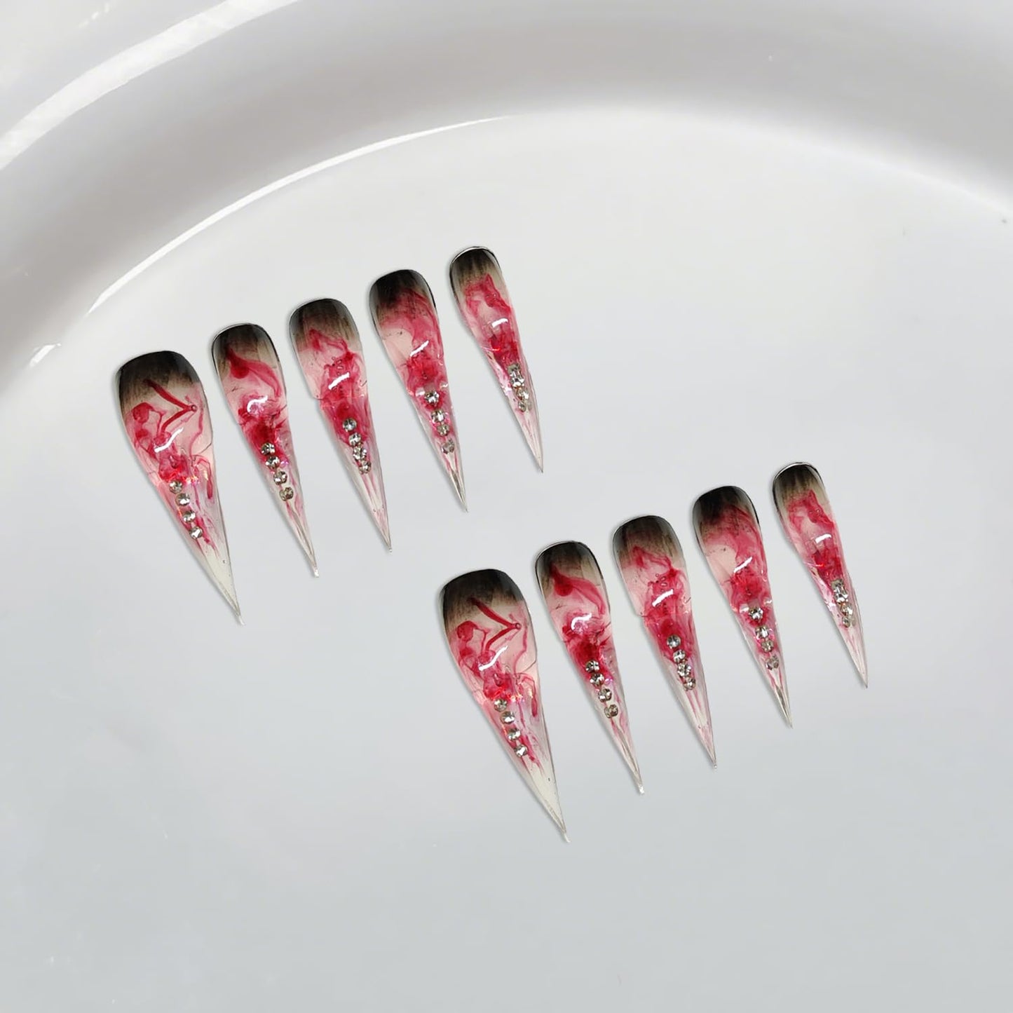 Handmade Press on Nails Long Curved Fake Nails with Blood Red Eagle Claw Designs Black Red Gradient Stick on Nail Art Full Cover Goth Style Rhinestone Acrylic False Nails for Women（M)