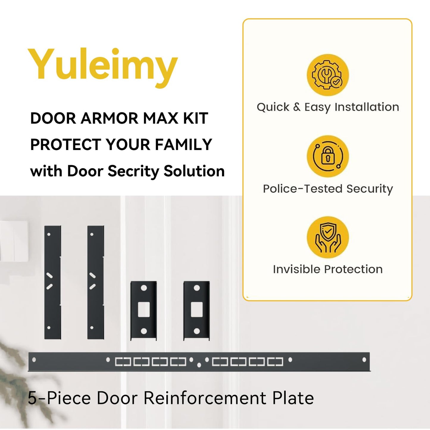 Yuleimy Door Armor MAX 5-Piece Kit - 46" Heavy Duty Steel Door Reinforcement System, Anti-Kick Security Plates for Jamb, Hinges & Lock, Easy 30-Min Install with Template, Corrosion Proof Black