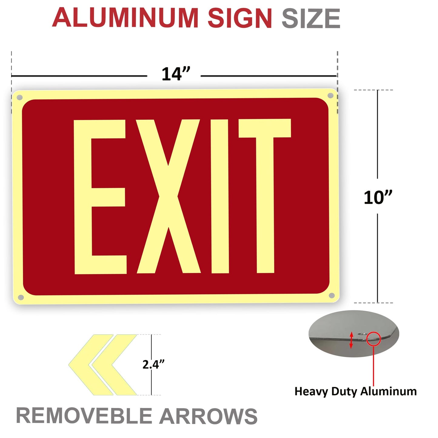 2Pack Photoluminescent Exit Sign Aluminum - 14x10 Inches Glow In Dark Exit Sign with Adhesive Backing - Removable Arrows Included - Non Electrical Red Exit Light For 50 Feet Visibility