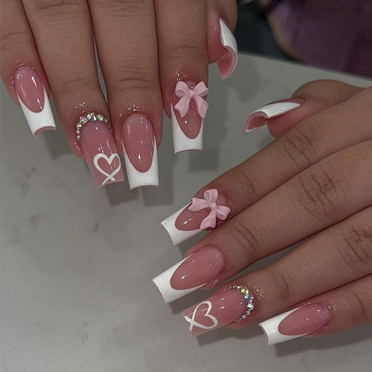 YKZFUI French Tip Press on Nails with Charms, Medium, Cute Bow, Long Square Shape, Acrylic Fake Stick On Nails with Heart and Rhinestones for Women Daily Wear, White