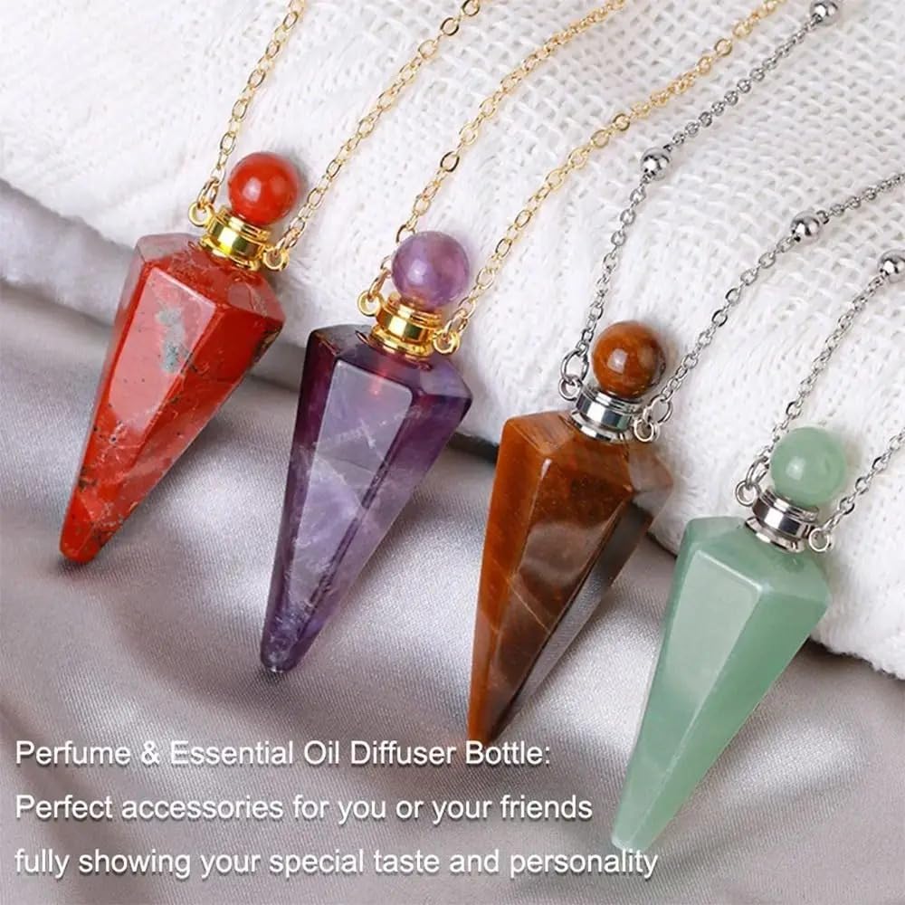 925 Sterling Silver Essential Oil Necklace For Women And Men, Natural Crystal Stone Cone Shape Pendant Necklace Healing Perfume Bottle Necklace Essential Oil Pendant Necklace (10 - Essential Oil Necklace)