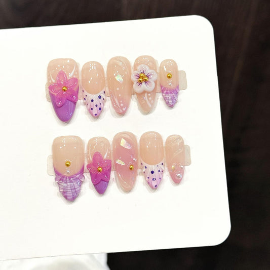 10Pcs Handmade Almond Press on Nails Medium Almond Fake Nails with 3D Flower Design Polka Dot Press on Nails Purple French Tip Acrylic Nails Press ons Spring Summer Flower Stick on Nail for Women (S)