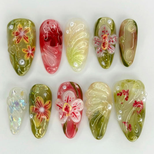 24 Pcs Retro Green Press on Nails Short Almond,MINGCHUN Fall Fake Nails Press ons Acrylic Nail Art Tips Kit Full Cover False Nails Glue on Nails with Flowers 3D Texture Design for Women Nail Supplies
