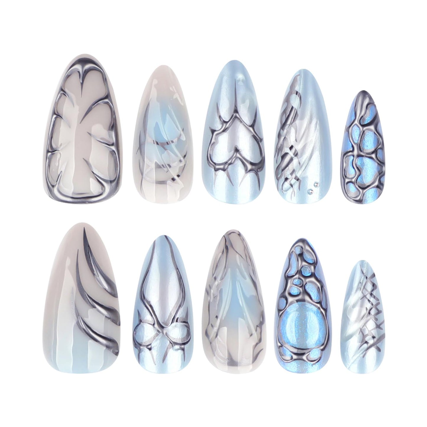 24Pcs Chrome Silver Press on Nails Short Almond Fake Nails Y2K Heart Bow Design False Nails Irregular Silver Line Acrylic Nail Blue Smudge Glossy Full Cover Metallic Artificial Stick on Nail for Women
