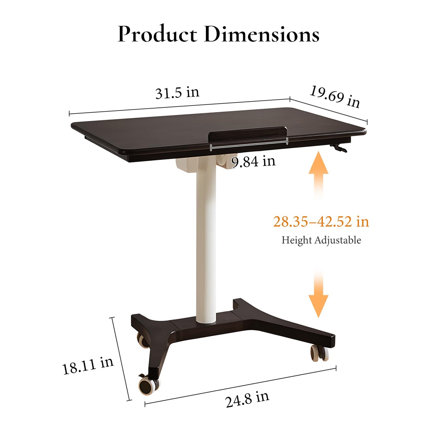 Cttasty Adjustable Computer Desk, Solid Wood Folding Desk with Wheels, Mobile Home Office Laptop Table, Sit Stand Workstation, Rolling Desk, 28.35-42.52 H x 31.5 W x 19.69 D Inches, Black