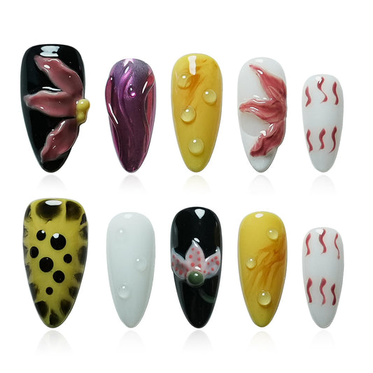 Tesytto Tesytto 3D Flower Press on Nails Almond - Handmade Multicolor Design with Dewy Water Droplets, Luxury Salon Quality Reusable Fake Nails (Bold Bloom & Dot Glam, L)