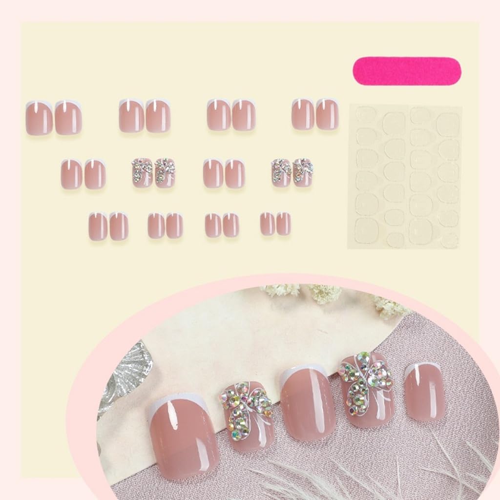 White French Tip Press on Nails - Short Square Fake Nails with Butterfly Design - Rhiestone Full Cover Stick on False Nails - for Women 24 Pcs