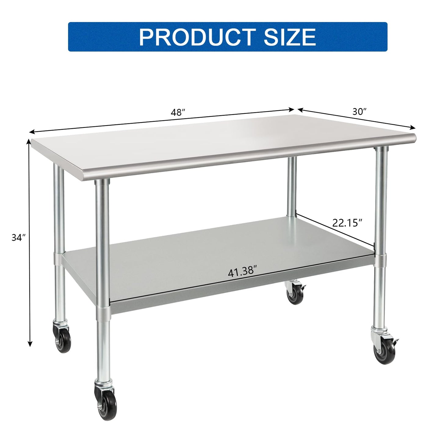 HARDURA Stainless Steel Table with Wheels 30 x 48 Inches Casters NSF Heavy Duty Commercial Work & Prep Table with Undershelf and Galvanized Legs for Restaurant Kitchen Bar and Hotel Garage
