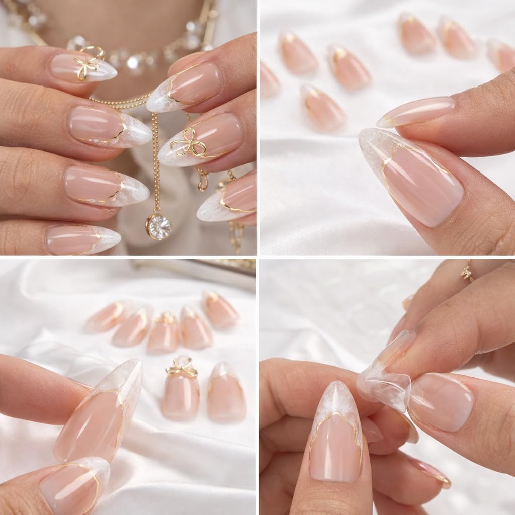 Press On Nails Almond Short, Nude Pink & White Fake Nails with Gold Bow Design, Reusable Glossy Glue On Nails Set for Women