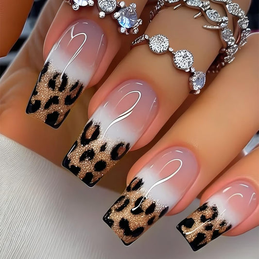 KQueenest Glitter Leopard Ombre Pink Press on Nails Long Coffin, Gold Sequins Full Cover French Fake Nails Press ons, Luxurious Square Acrylic Nails For Women, Gradient Pink Leopard Nails Set, 24 Pcs