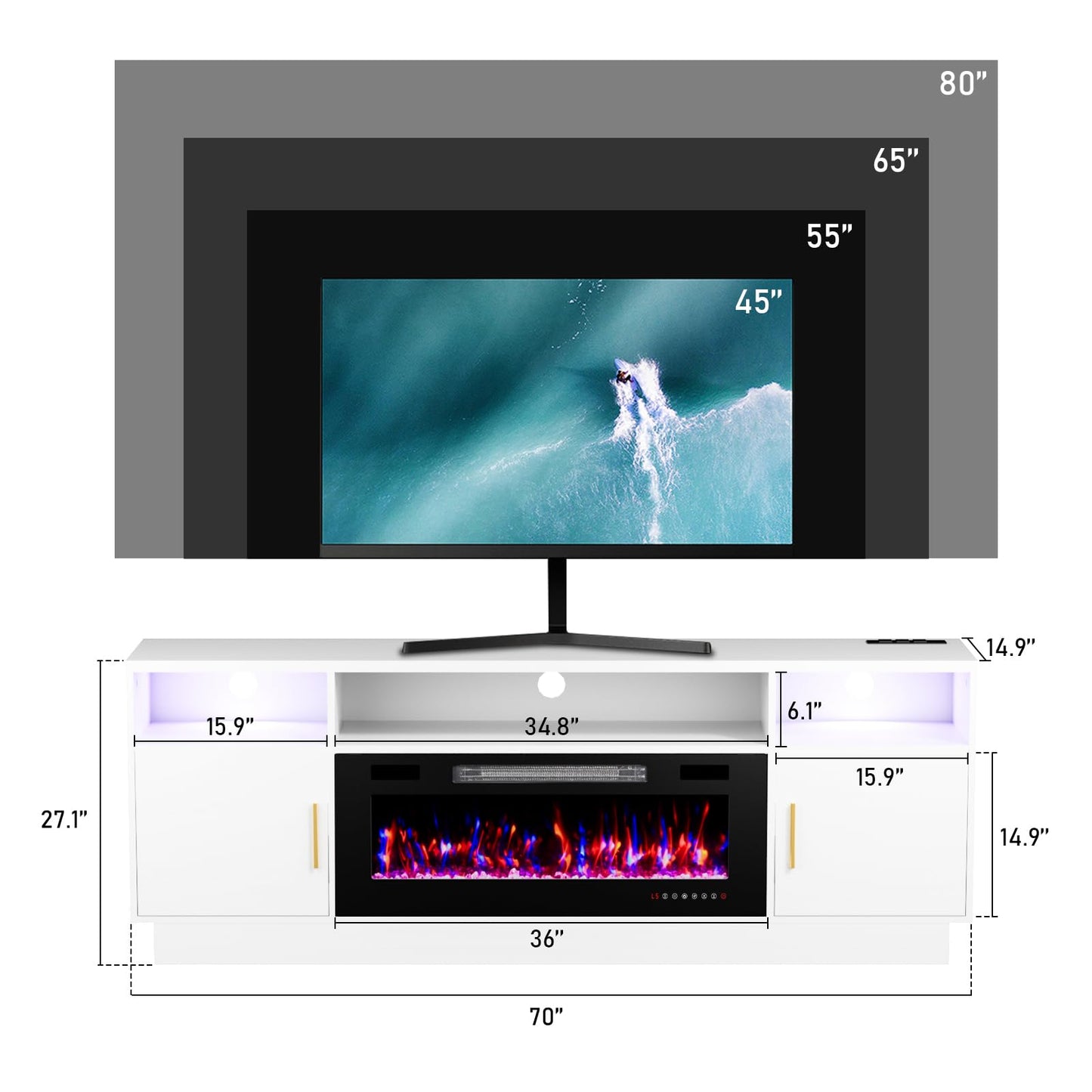 BREEZEHEAT TV Stand with Fireplace-Fireplace TV Stand for 75+ inch TV, LED Entertainment Center for Living Room w/ 36" Fireplace Inserts, TV Console with Cabinet, Power Outlets, Remote Control,White