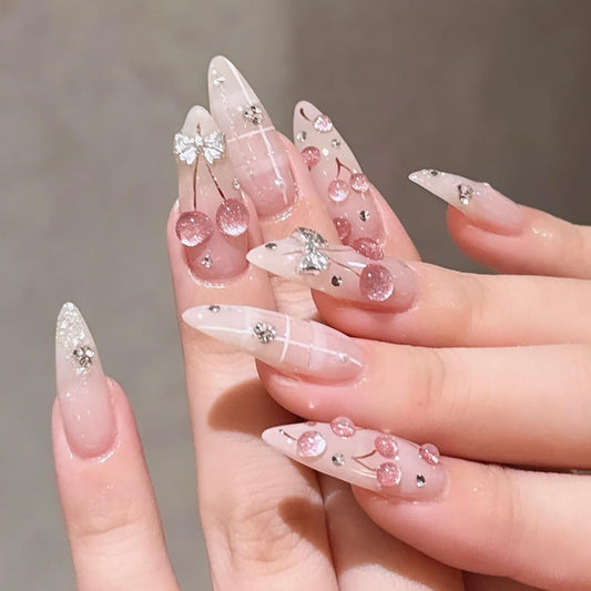 Almond Press On Nails Medium Long Fake Nails Press Ons With 3D Cherry Rhinestone Design Acrylic Nails Silver Bow False Nails Pink Glossy Glue On Nails For Women