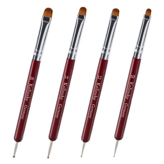 SIMPOR 4 Pieces French Tip Nail Brush and Clean Up Brush Set, Dual Ended Acrylic Nail Art Brushes with Dotting Pen, Professional Oval Manicure Tool for Cuticle Design Red Handle Size 10 12 14 16