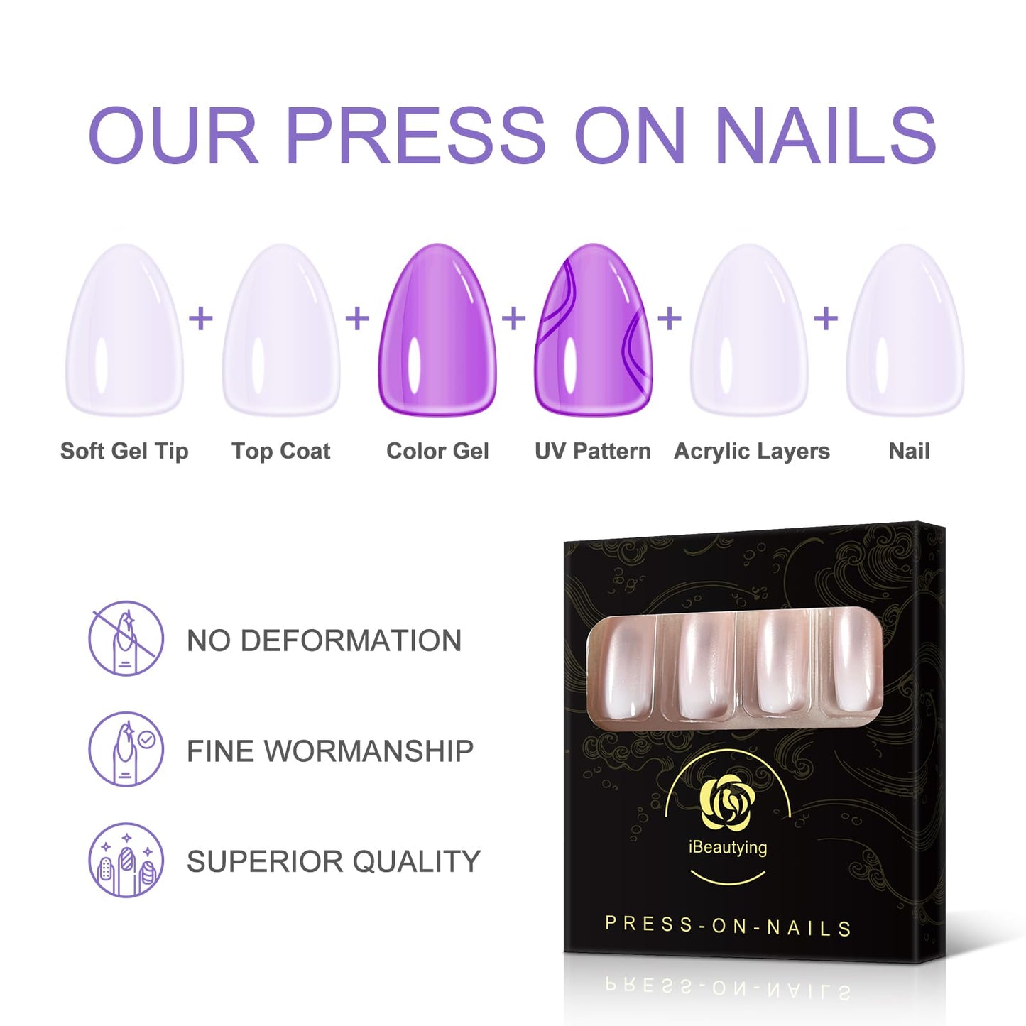 iBeautying Press on Nails - Pearl Pink French False Nails | UV Full Cover Finish Gradient Ombre Reusable Fake Nails in 10 Sizes - 24 Nail Kit with Jelly Glue Pad