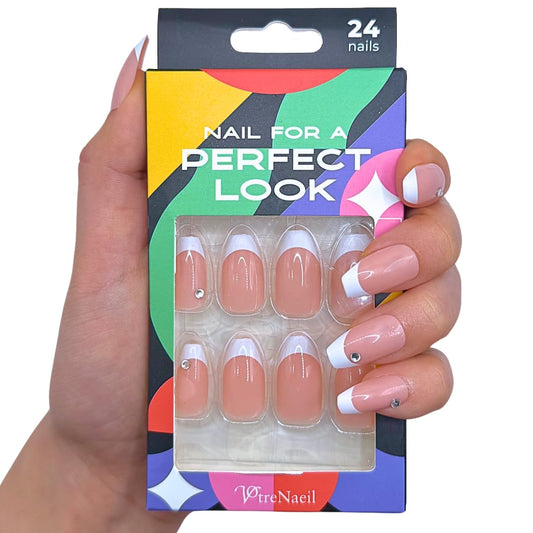 PerfectLook Press On Nails - Classic Diamond | No Glue Short Coffin Nude Nails with French Tips & Crystal Accents - 24 Pcs Nail Kit with Adhesive Tabs