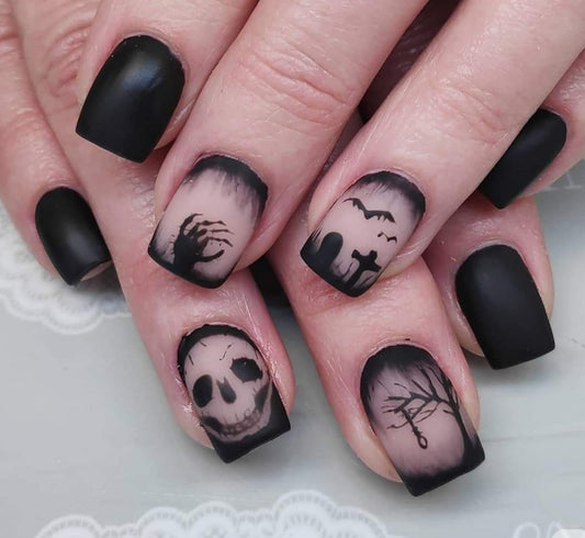 Halloween Press on Nail Short Square Fake Nails Black with Skull Plam design Horror Press ones False Nails Full Cover Matte Stick Glue on Nails Reusable Halloween Nail Accessories for Women Party24pcs