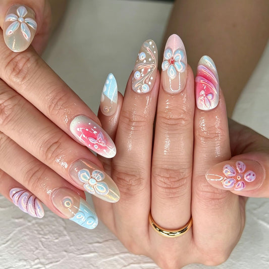 3D Press On Nails Almond Medium French Fake Nails with Cat's Eye Embossed Flower&Butterfly Summer Designs, Acrylic Artificial Nail Press ons False Stick On Nails for Women Girls 30Pcs