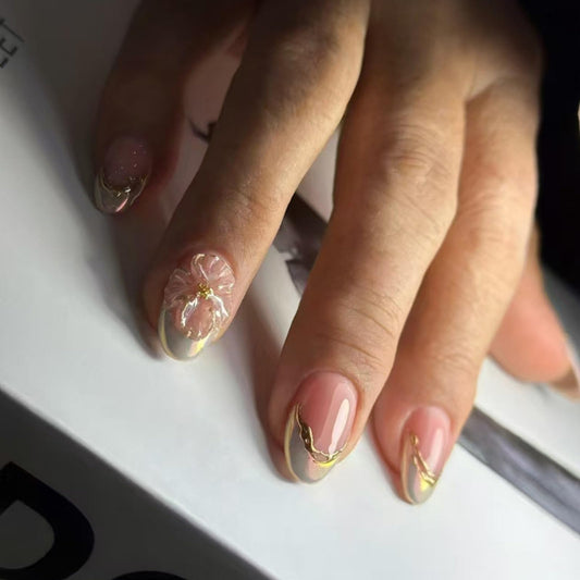 Almond Press on Nails Short Fake Nails French Tip False Nails White Artificial Nails with Flowers Designs Stick on Nails for Women 24pcs