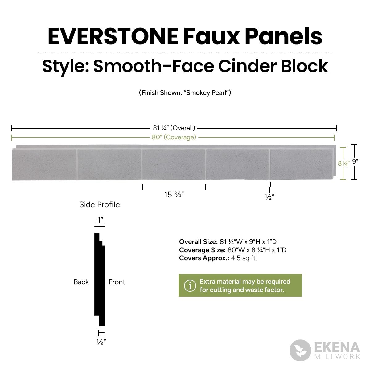 EverStone Smooth-Face Cinder Block Faux Concrete Panel, 81 1/4"W x 9"H x 1"D, Mauve Brown