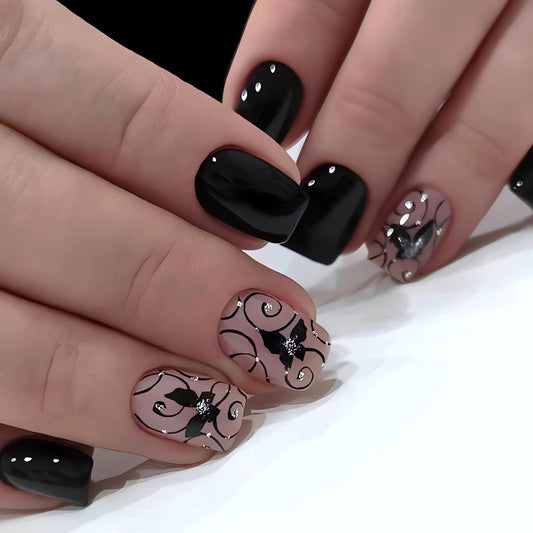 Extra Short Press on Nails Square Black Fake Nails Glossy Acrylic Glue on Nails Butterfly Rhinestone Designs Gel Nails Press ons Cute Stick on Nails for Women Manicure Tips Decorations 24Pcs