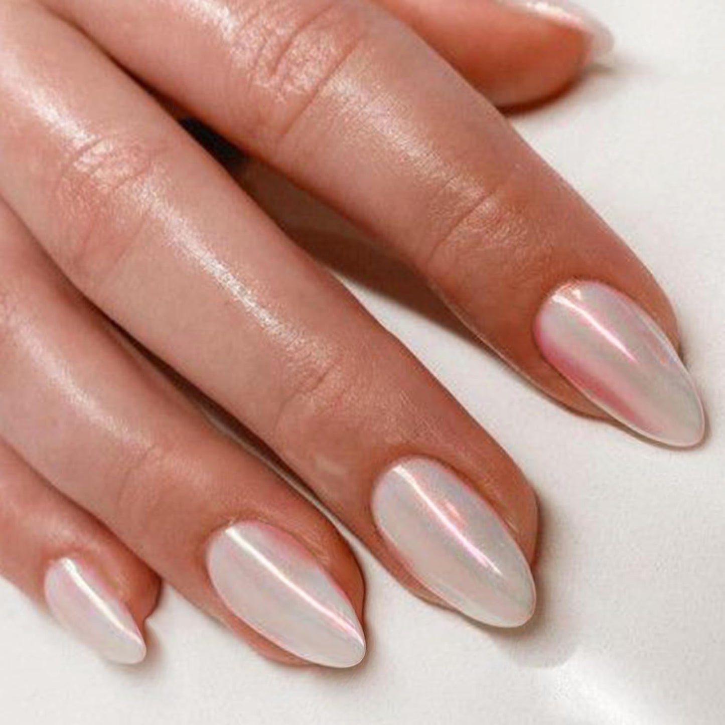 GLAMERMAID Chrome Press On Nails Medium Almond- White Handmade Metal Gel Fake Nails Stiletto, Glitter Glazed Donut False Nail Oval, Glossy Natural Reusable Acrylic Stick Glue on Nails Kit for Women