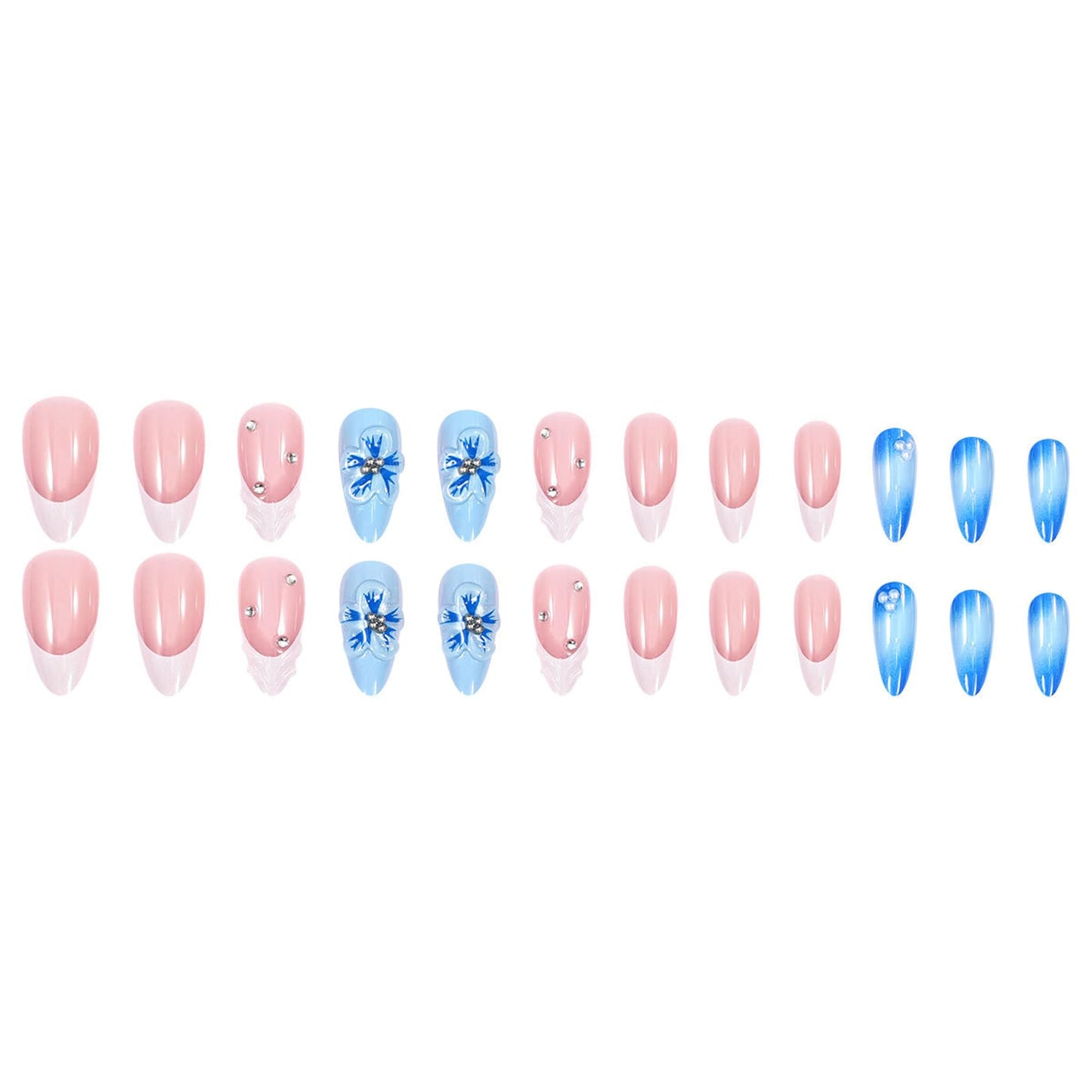 Summer Press on Nails Medium Almond Fake Nails with 3D Floral Rhinestone Design Blue Flower False Nails Press ons White French Artificial Acrylic Stick on Nails for Women Girls Maicure