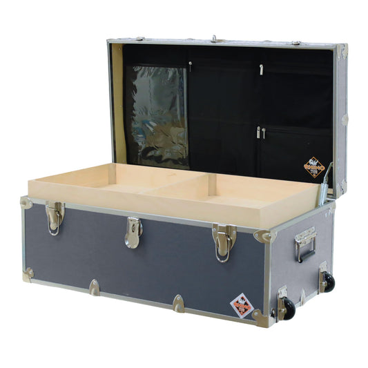 Rhino Trunk & Case Small Essential Trunk With Wheels, Tray, & Lid Organizer - 30"x17"x13", 1000+ lbs Capacity. Strong, USA Made Summer Camp Footlocker, and Secure College Dorm Storage Chest