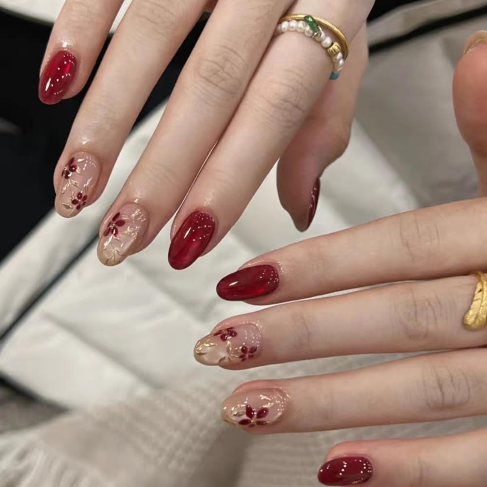 Cat Eye Press on Nails Short Almond Fake Nails with 3D Gold Flowers Design Glossy Red Glitter Glue on Nail Floral Nails Press ons Reusable Full Cover Spring Summer Nail for Women Manicure 24Pcs