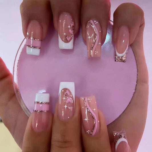 MISUD Press on Nails - Long Coffin Glue on Nails with Pink, Acrylic Bling Glitter Design 24 pcs