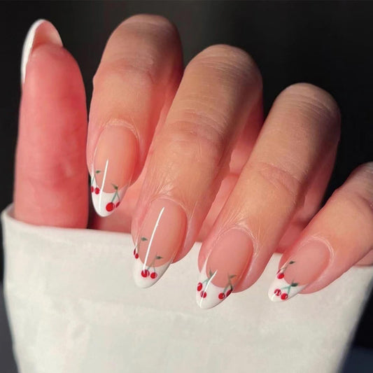 White French Tip Press on Nails Short Almond Fake Nails Cute Nude Pink with Red Cherry Glossy Acrylic Nails Full Cover Glue on Nails Reusable Artificial Stick on Nails for Women 24 Pcs