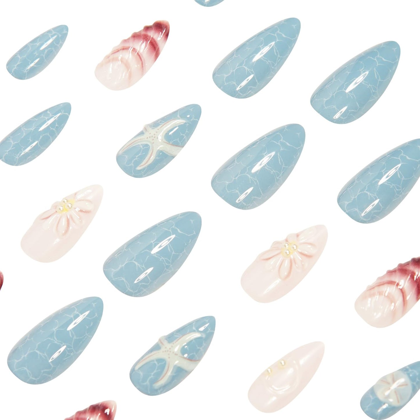Blue Ocean Press on Nails Medium Almond Fake Nails with 3D Starfish Design Summer Shell False Nails Acrylic Nails Glossy Full Cover Artificial Nails Stick on Nails Nails Pearls for Women Decor 24pcs