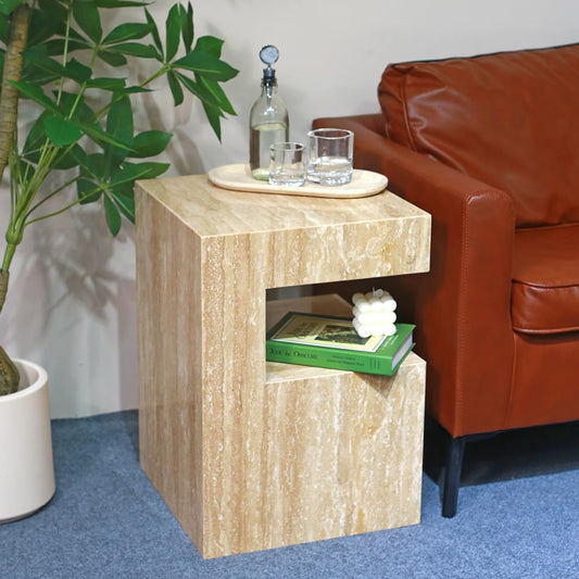 Italian Travertine C-Shaped End Table, Luxurious Natural Stone Coffee Table Suitable for for Living Room Bedroom Bathroom Small Spaces, No Installation Travertine Sofa Table for Modern Home Decor