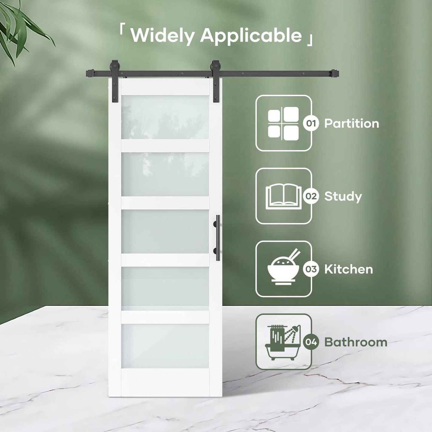 Fredbeck 30in x 84in White Glass Barn Door with 5.5FT 66inch Sliding Doors Hardware Kit Included & Handle,PVC Surface,Need to Assembly,Water-Proof
