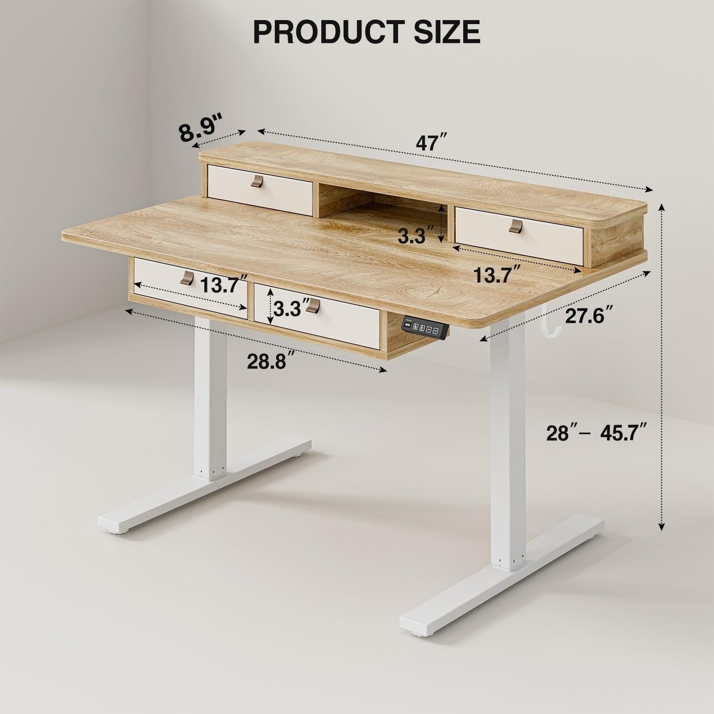 Grandder 47 Inch Electric Standing Desk with Four Drawers, Sit to Stand Up, Height Adjustable Desk with Storage Shelf for Home Office, Study, Ergonomic Adjustable Computer Desk, Oak