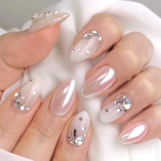 24Pcs Short Almond Press on Nails 3D Sparkly Rhinestone Fake Nails White Gradient French False Nails Holographic Blush Mirror Design Artificial Nails Metallic Glossy Full Cover Acrylic Nail for Women