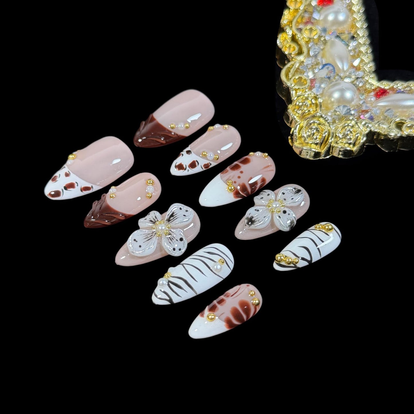 Press on Nails Medium Almond, 3D Floral & Leopard Zebra Print French Tip, Handcrafted Gel Stick On Reusable False Nails Wild Mocha (M)