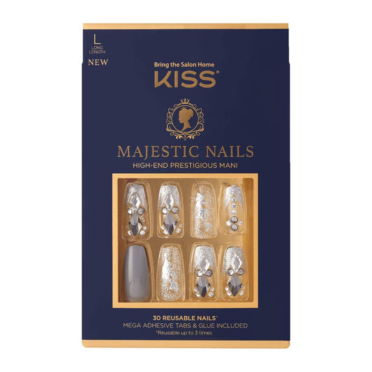 KISS Majestic Nails High-End Prestigious Manicure - Style 'Sparkle', 30 Reusable Nails, Pink Gel Nail Glue NET WT 2 g (0.07 oz.), 48 Adhesive Tabs, Mini File, 2 Manicure Sticks, 2 Prep Pads
