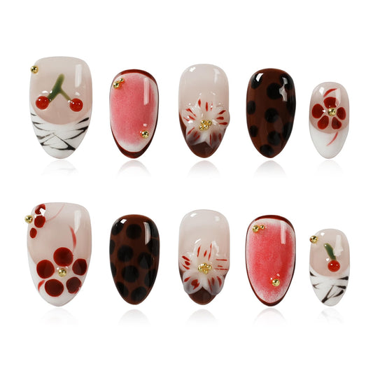 Tesytto Handmade Short Almond Press on Nails Leopard Print French Tip, Cherry Floral Coffee Dot Glossy False Nails, Reusable Acrylic Fake Nails for Women (Leopard Cherry Fun, M)