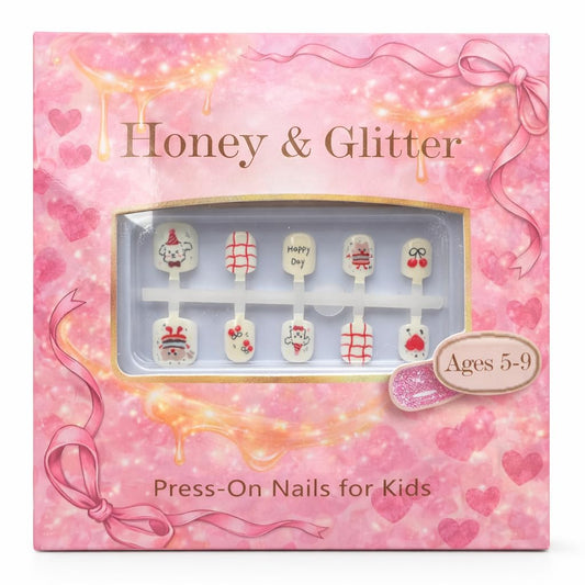 Kids Press On Nails, Happy Day Party Design, Cute Birthday Nails for Girls, Red Cherry Cake Style, 24pcs