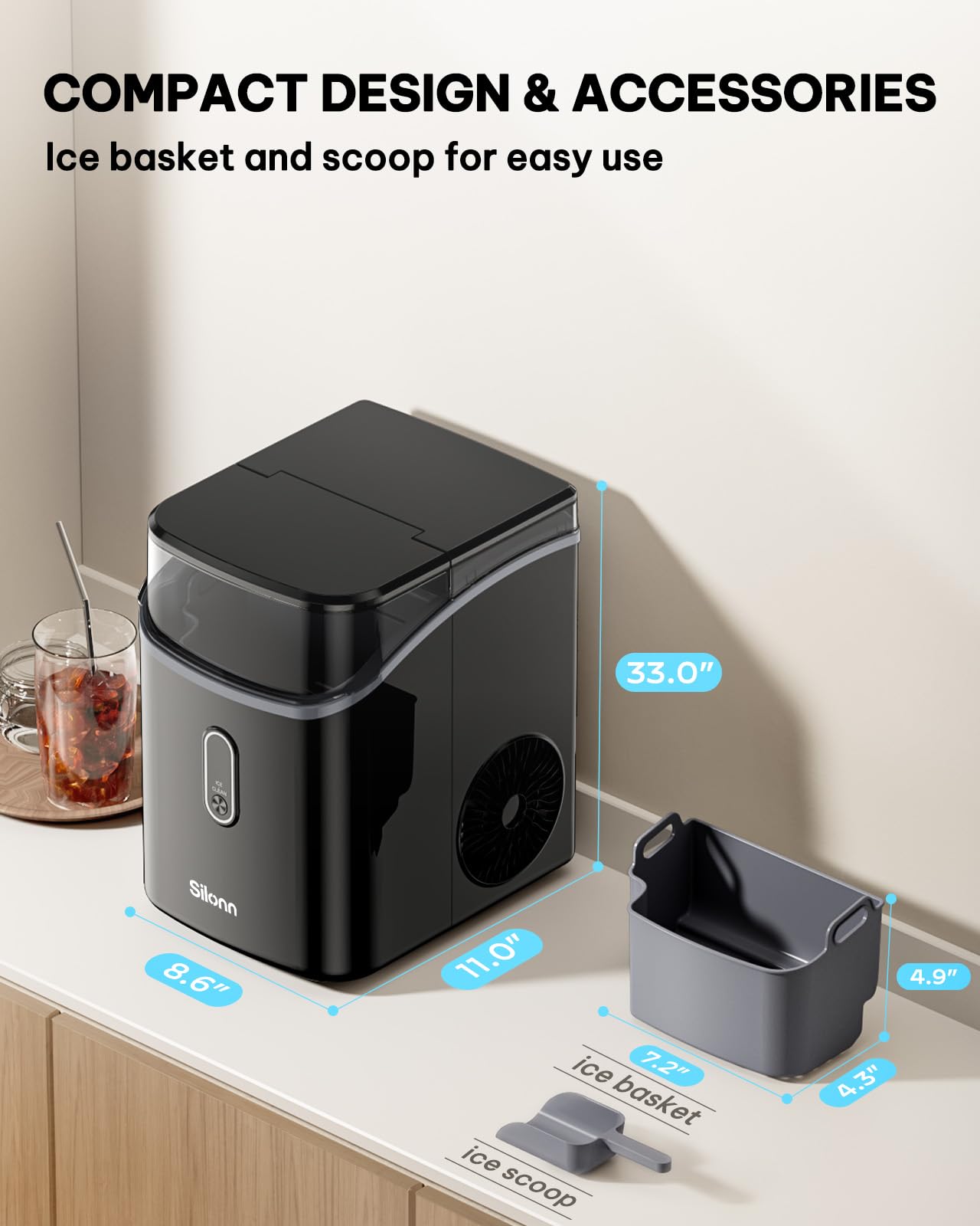 Silonn Nugget Ice Maker Countertop, Pebble Ice Makers with Crushed Soft Chewable Ice, 33lbs Per Day with Scoop, Pellet Portable Ice Machines with Auto-Cleaning for Home, Kitchen, Office, Black