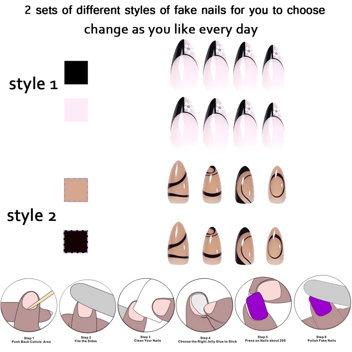 Press On Nails Short, Stripes French Fake Nails, 2packs (48 Pcs) Glossy Full Cover Acrylic Press on Nails Almond, Black Stick On Nails for Women and Girls